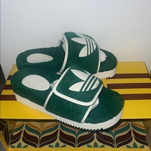 Gucci adidas Forest Green and White Slides